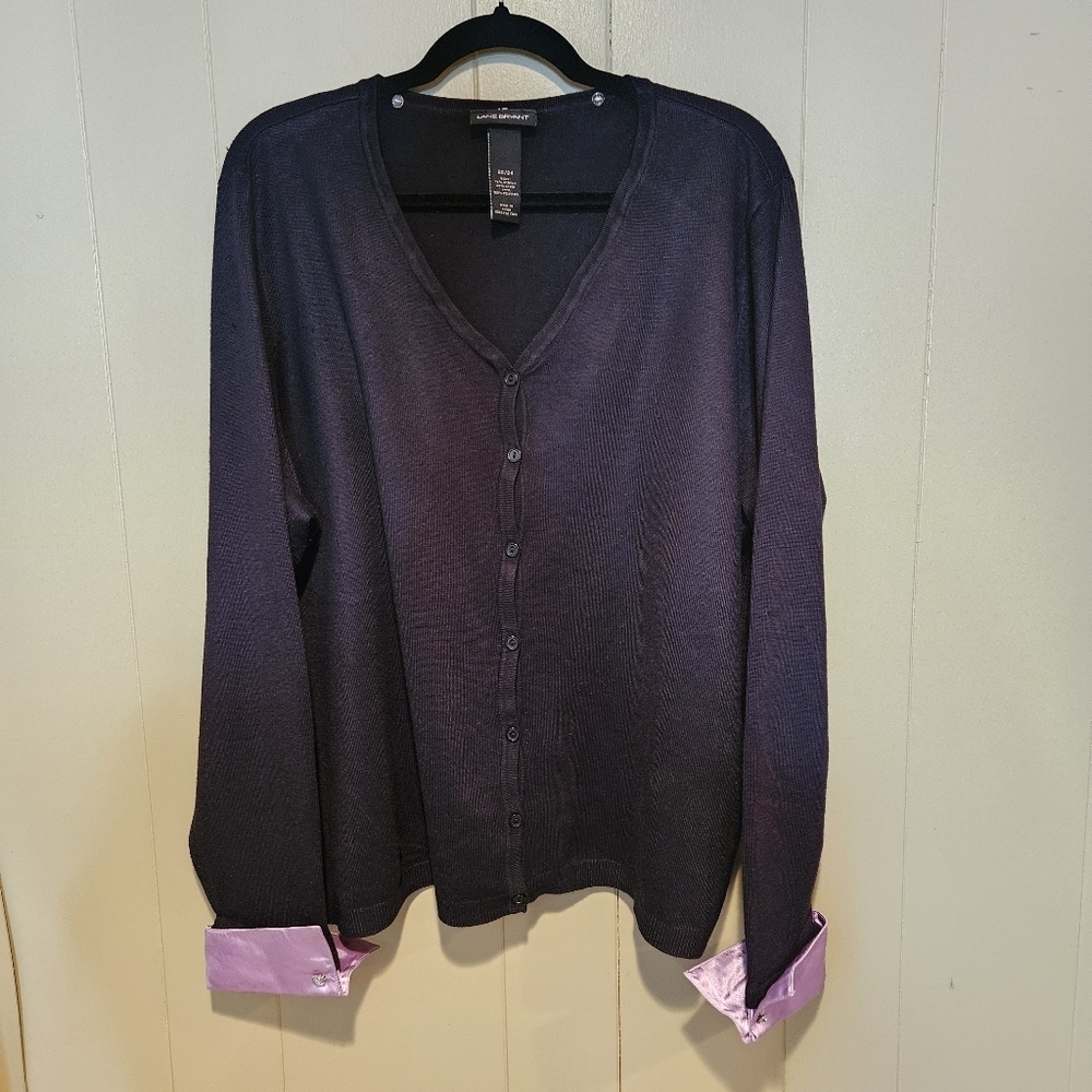 Lane Bryant Black Button Front Cardigan with Pink Satin Cuffs | Plus-Size 22/24